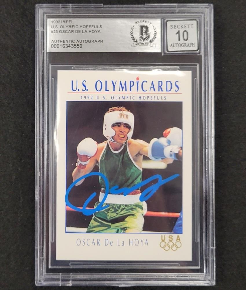 Oscar De La Hoya 1992 Signed Rookie Card BAS 10: Oscar De La Hoya 1992 Signed Rookie Card BAS 10 This is a signed rookie card of boxing legend Oscar De La Hoya from the 1992 Impel US Olympic Hopefuls series. Graded a perfect 10 by Beckett, this auth