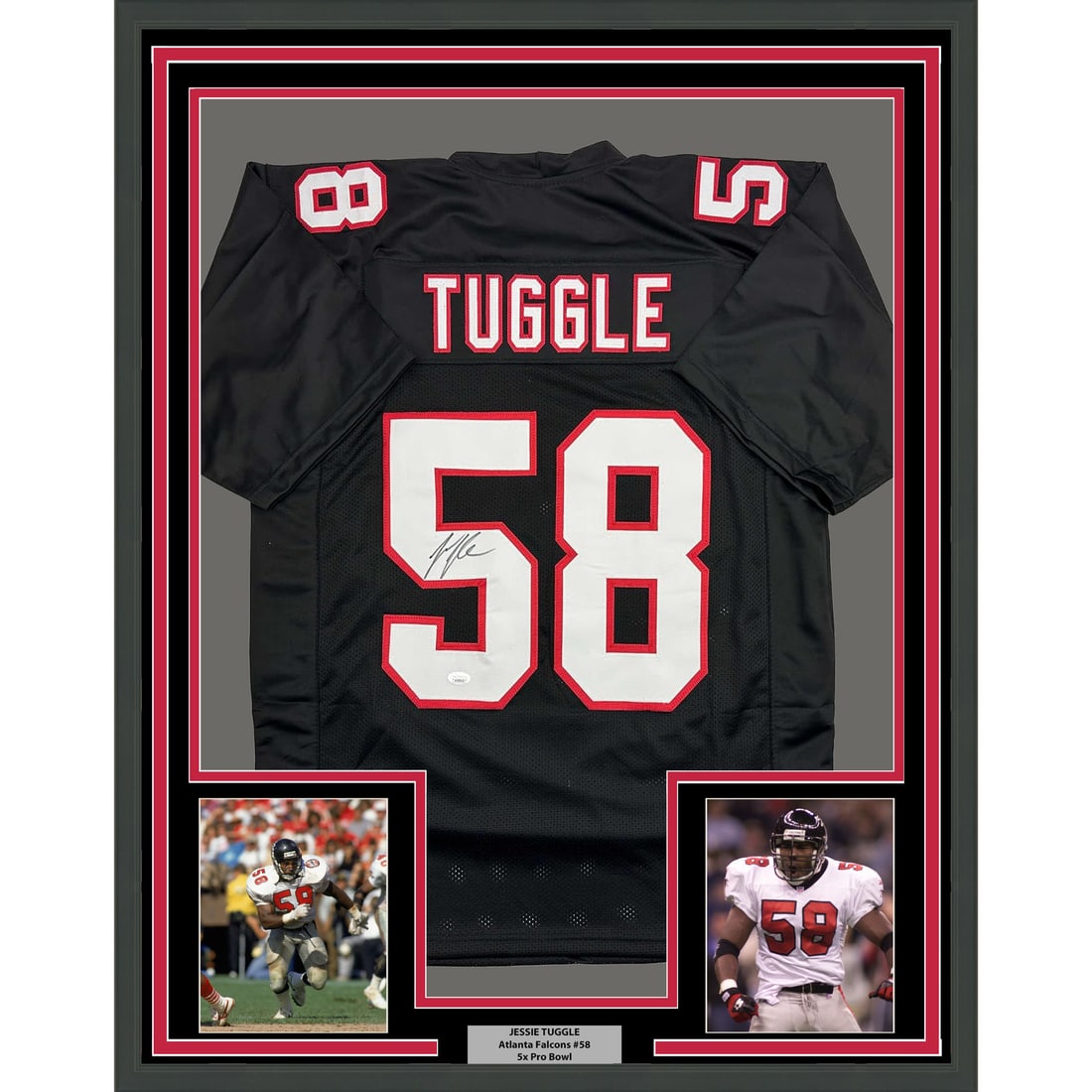Jessie Tuggle Signed 35x39 Atlanta Falcons Black Jersey Framed With JSA Authentication: Jessie Tuggle Signed 35x39 Atlanta Falcons Black Jersey Framed With JSA Authentication This professionally framed display features an original Atlanta Falcons black jersey autographed by Jessie Tuggle