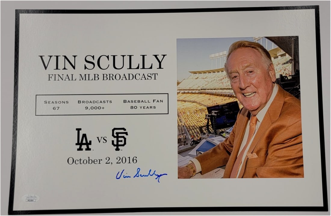 Vin Scully Signed Los Angeles Dodgers Poster with JSA COA: Vin Scully Signed Los Angeles Dodgers Poster with JSA COA Celebrate the legacy of Vin Scully with this hand-signed last day giveaway poster from AT&T Park, dated October 2. This original poster featur