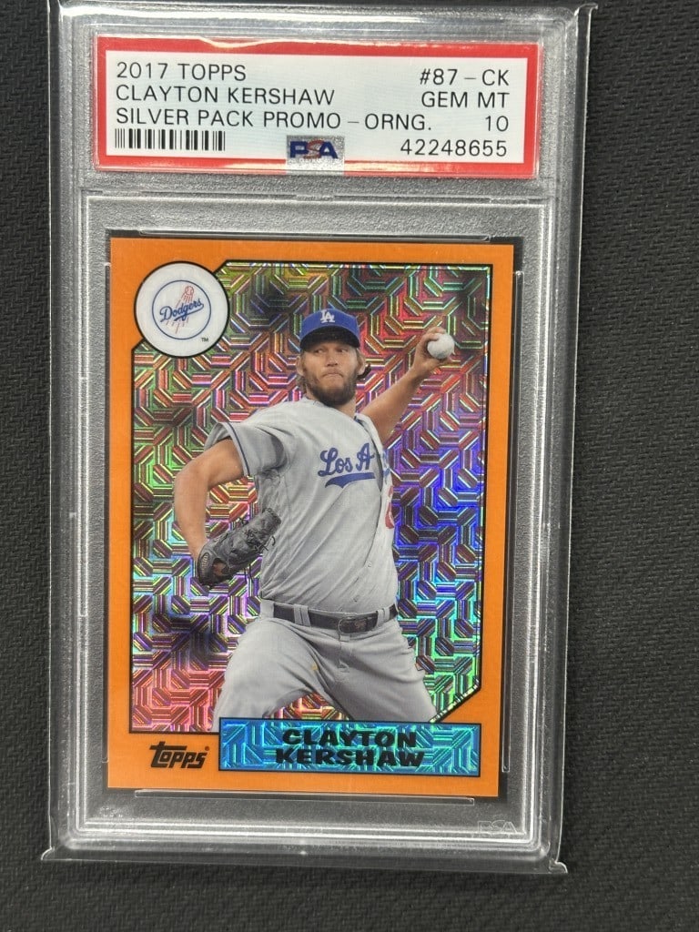 2017 Topps Clayton Kershaw Orange Silver Pack Promo PSA 10 #87-CK: 2017 Topps Clayton Kershaw Orange Silver Pack Promo PSA 10 #87-CK This is a highly collectible 2017 Topps Orange Silver Pack Promo baseball card featuring renowned pitcher Clayton Kershaw of the Los A