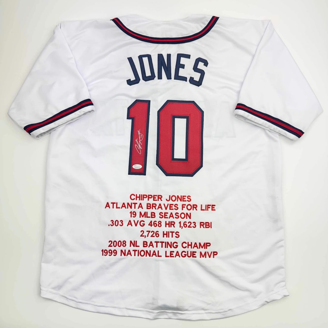 Chipper Jones Signed Atlanta Braves Custom Baseball Jersey JSA Authenticated: Chipper Jones Signed Atlanta Braves Custom Baseball Jersey JSA Authenticated This autographed Chipper Jones Atlanta white stat baseball jersey is a custom collectible featuring the player's name, numb