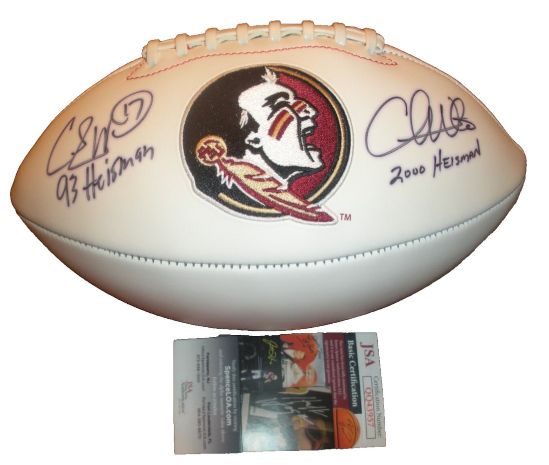 Florida State Seminoles Football Signed by Charlie Ward and Chris Weinke JSA COA: Florida State Seminoles Football Signed by Charlie Ward and Chris Weinke JSA COA This pre-owned football features the signatures of Charlie Ward and Chris Weinke, both notable players from the Florida