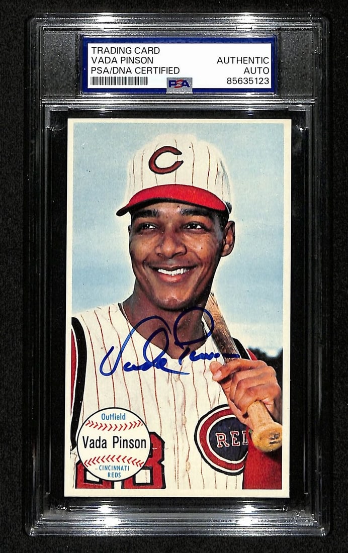 Vada Pinson Autographed 1964 Topps Card #56 Reds PSA/DNA: Vada Pinson Autographed 1964 Topps Card #56 Reds PSA/DNA This listing features a Vada Pinson signed/autographed 1964 TOPPS Giants Card #56 representing the Cincinnati Reds. The card has been authentic