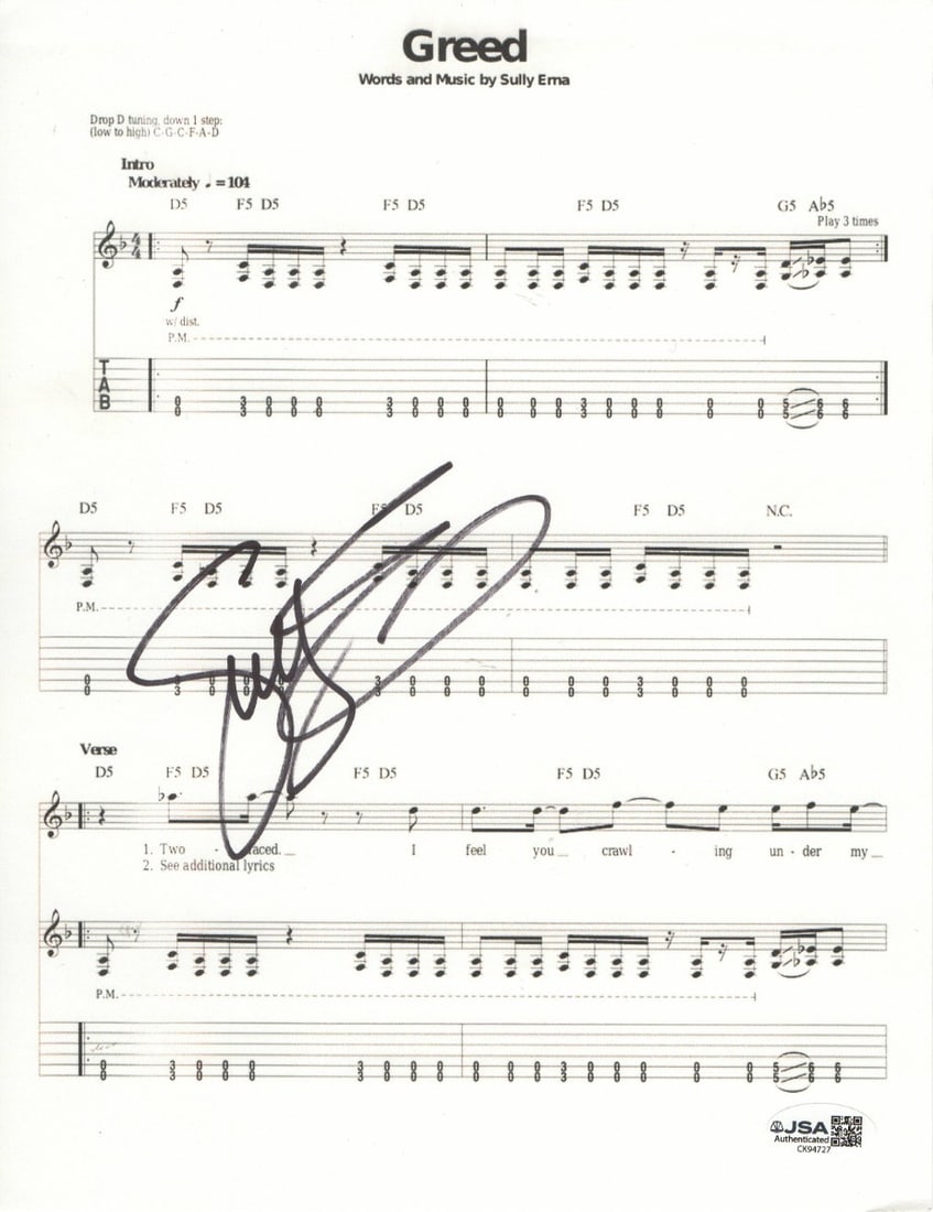 Godsmack Greed sheet music page signed by Sully Erna JSA: Godsmack Greed sheet music page signed by Sully Erna JSA This is an original sheet music page autographed by Sully Erna of Godsmack. The sheet measures 8.5 x 11 inches and has been authenticated by Ja