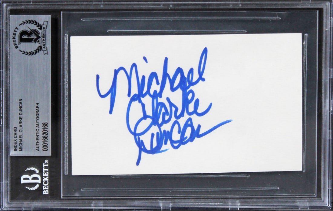 Beckett Slabbed Michael Clarke Duncan Signed 3x5 Index Card The Green Mile: Beckett Slabbed Michael Clarke Duncan Signed 3x5 Index Card The Green Mile This 3x5 index card has been personally signed by Michael Clarke Duncan, known for his role in The Green Mile. The autograph 