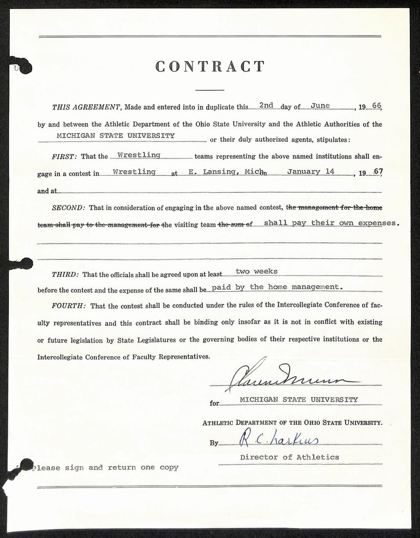 Signed Contract by Michigan State Coach Biggie Munn with JSA Authentication: Signed Contract by Michigan State Coach Biggie Munn with JSA Authentication This is an original contract signed by Clarence Lester "Biggie" Munn, renowned head football coach for Michigan State and me