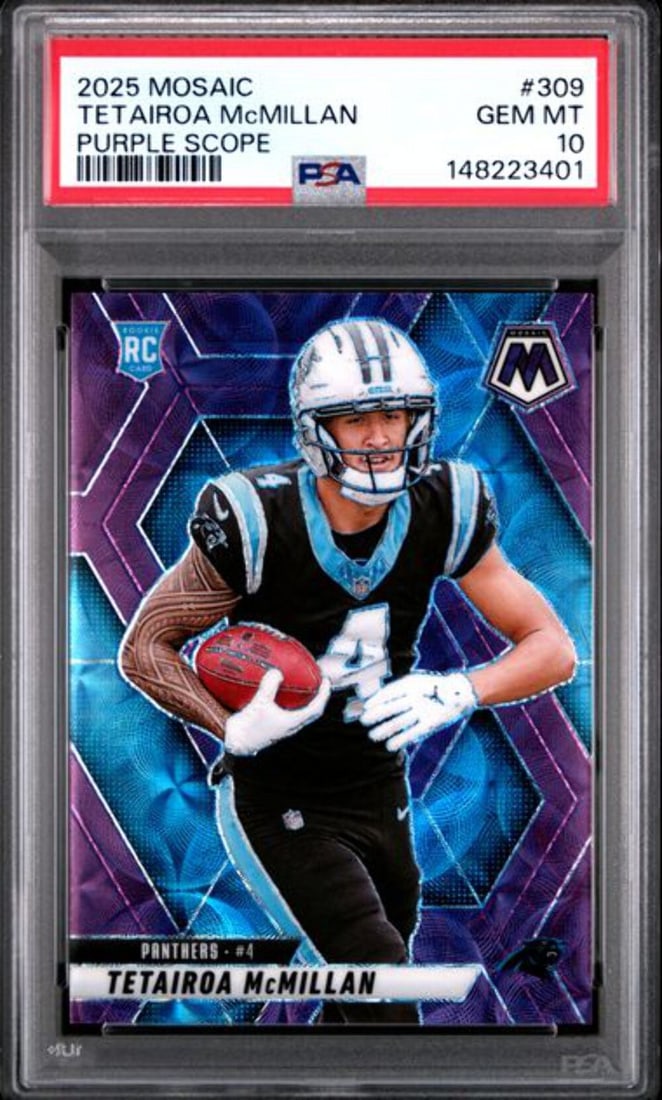 PSA 10 2025 Panini Mosaic Tetairoa McMillan Purple Scope Rookie #309: PSA 10 2025 Panini Mosaic Tetairoa McMillan Purple Scope Rookie #309 This is an original 2025 Panini Mosaic Tetairoa McMillan #309 Purple Scope Rookie Card, professionally graded and encapsulated by P