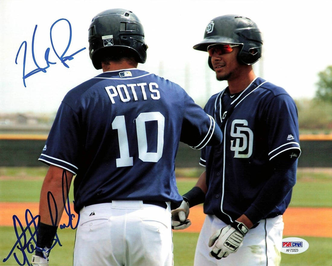 8x10 San Diego Padres Photo Signed by Fernando Tatis Jr. and Hudson Potts PSA/DNA: 8x10 San Diego Padres Photo Signed by Fernando Tatis Jr. and Hudson Potts PSA/DNA This is a professionally printed 8x10 photograph featuring Fernando Tatis Jr. and Hudson Potts of the San Diego Padres