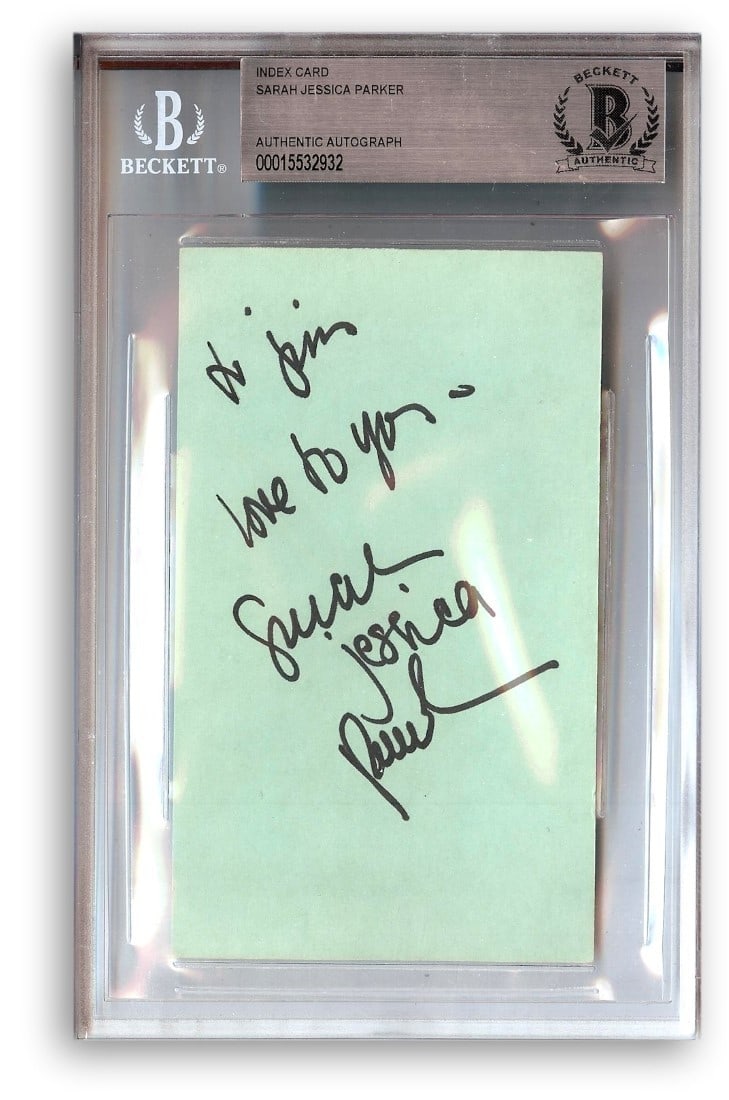 Beckett Authenticated Sarah Jessica Parker Signed Index Card Sex and the City: Beckett Authenticated Sarah Jessica Parker Signed Index Card Sex and the City This is an original index card autographed by Sarah Jessica Parker, known for her role in 'Sex and the City.' The card has