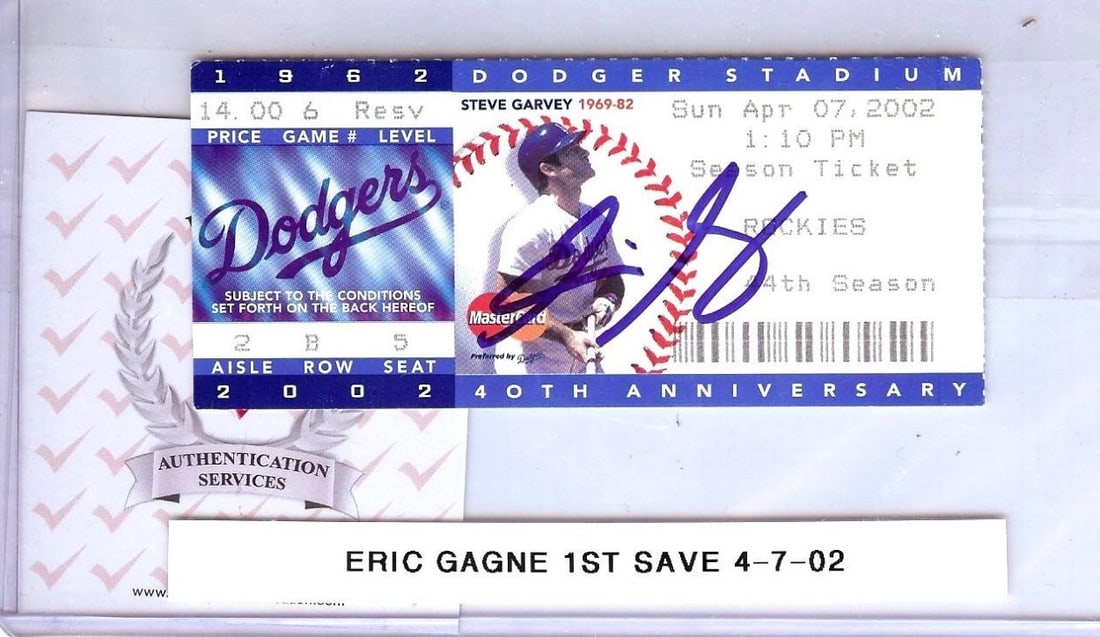 Eric Gagne Autographed Ticket Stub 1st Career Save 4/7/02 Beckett Authenticated: Eric Gagne Autographed Ticket Stub 1st Career Save 4/7/02 Beckett Authenticated This original ticket stub commemorates Eric Gagne's first career save on April 7, 2002, while he played for the Los Ange
