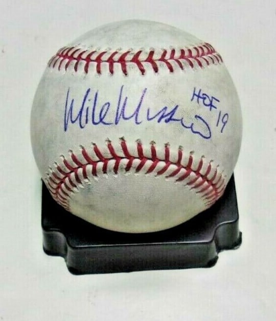 Game-Used Baseball Autographed by Mike Mussina with COA Hall of Fame 2019: Game-Used Baseball Autographed by Mike Mussina with COA Hall of Fame 2019 This is an original game-used baseball signed by Mike Mussina, commemorating his induction into the Hall of Fame in 2019 as a 
