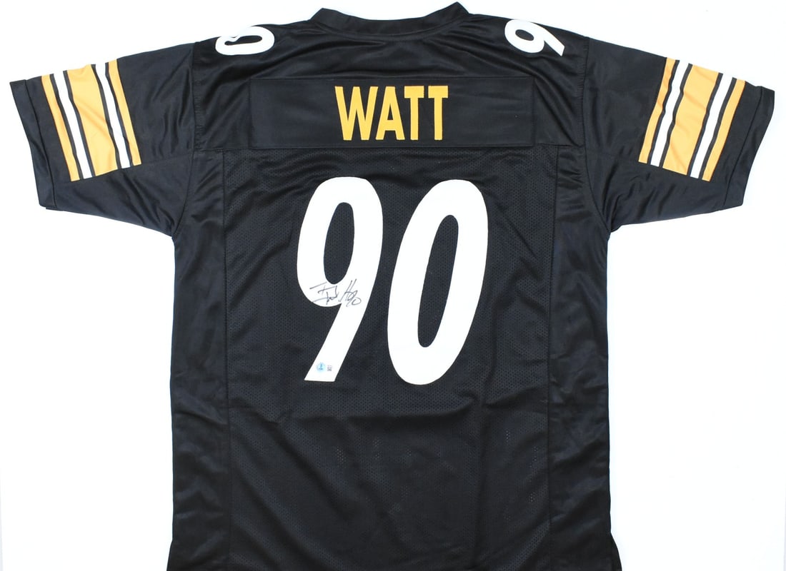 TJ Watt Signed Black Football Jersey with Beckett Witness Hologram: TJ Watt Signed Black Football Jersey with Beckett Witness Hologram This is a black pro style football jersey autographed by T.J. Watt. The jersey comes with a Beckett W hologram for verification. It r