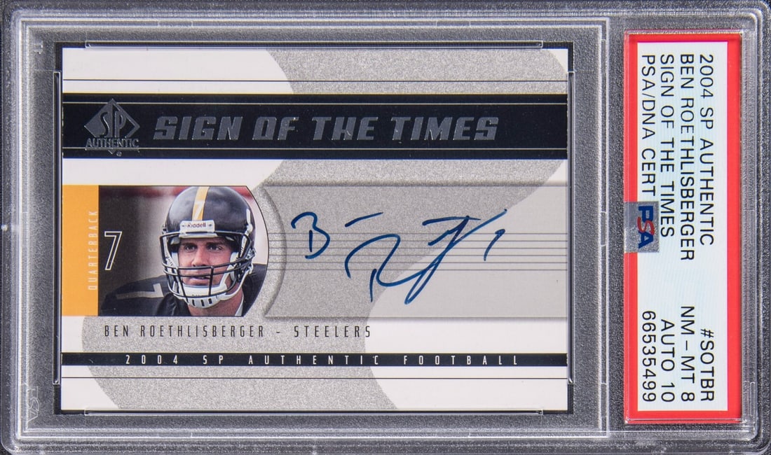 2004 UD SP Authentic Ben Roethlisberger Signed Rookie Card PSA 8 Auto 10: 2004 UD SP Authentic Ben Roethlisberger Signed Rookie Card PSA 8 Auto 10 This collectible sports trading card features Ben Roethlisberger from the 2004 season, showcasing his autograph as part of the 