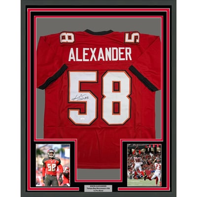 Kwon Alexander framed Buccaneers jersey display JSA COA 35x39: Kwon Alexander framed Buccaneers jersey display JSA COA 35x39 This professionally framed and matted Tampa Bay red jersey is autographed by Kwon Alexander. The display includes two 5x7 photos and measu