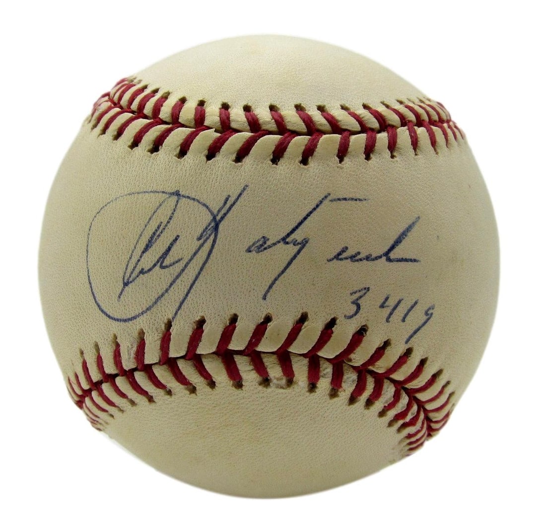 PSA DNA Authenticated OAL Baseball Signed by Carl Yastrzemski HOF Inscribed 3419: PSA DNA Authenticated OAL Baseball Signed by Carl Yastrzemski HOF Inscribed 3419 This is an original Official American League (OAL) baseball signed and inscribed with "3419" by Hall of Famer Carl Yast