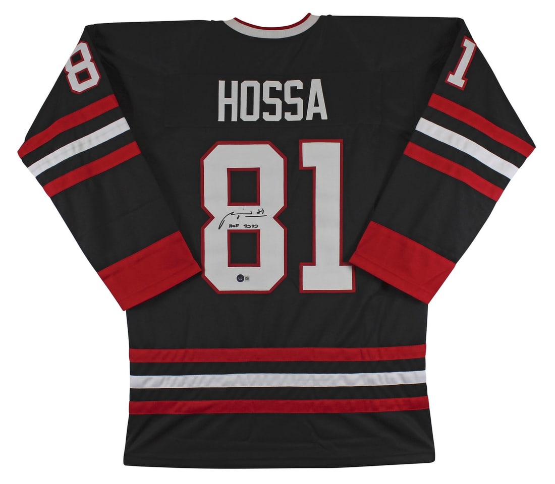 Marian Hossa Signed Black Pro Style Jersey HOF 2020 BAS Authenticated: Marian Hossa Signed Black Pro Style Jersey HOF 2020 BAS Authenticated This authentic black pro style jersey, signed by Marian Hossa, features the inscription "HOF 2020" and represents the Chicago Blac