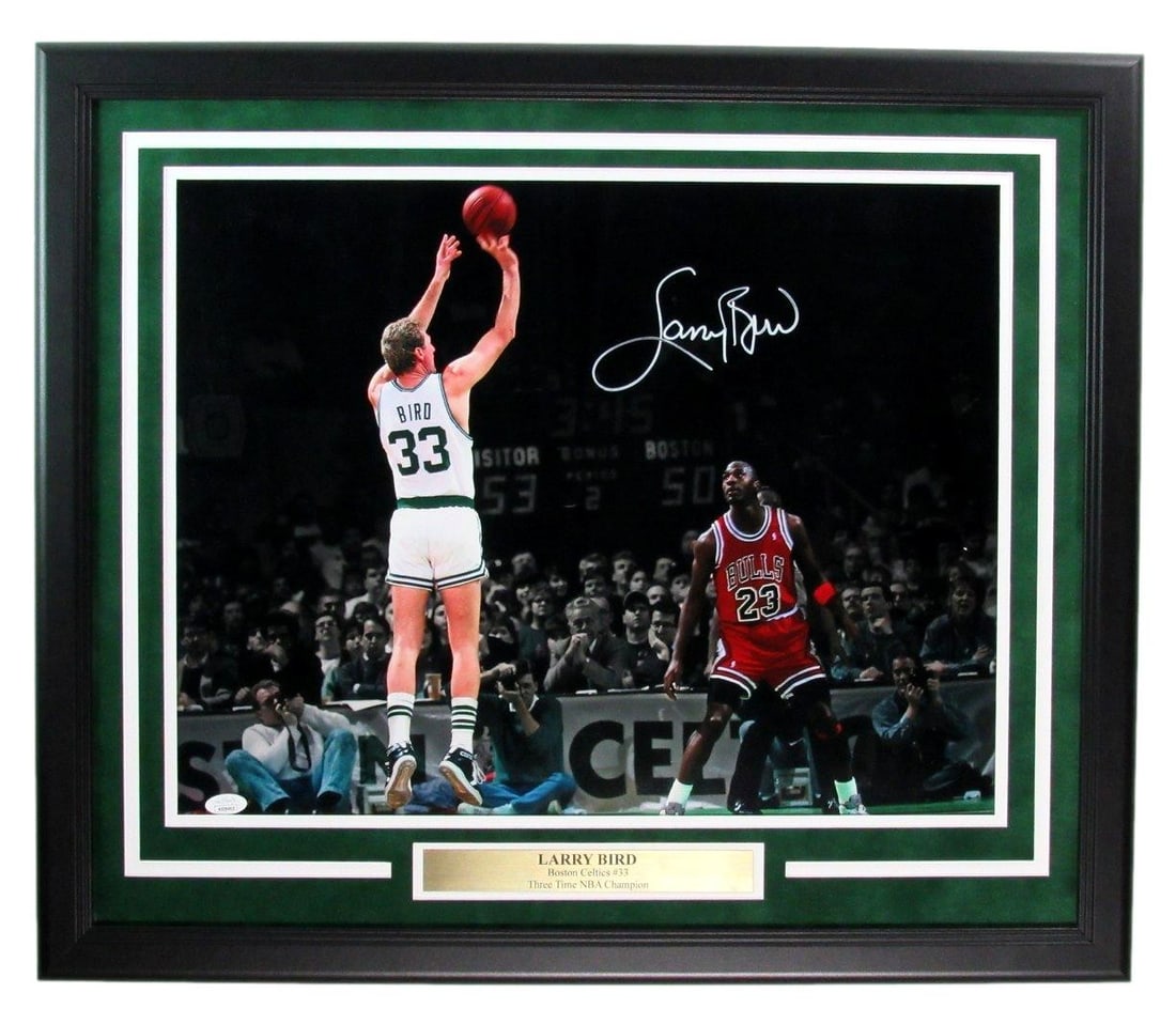 Framed 16x20 Larry Bird Signed Celtics Photograph with Jordan JSA Authenticated: Framed 16x20 Larry Bird Signed Celtics Photograph with Jordan JSA Authenticated This is an original autographed 16x20 photo of Larry Bird, Hall of Fame player for the Boston Celtics, presented in a fr