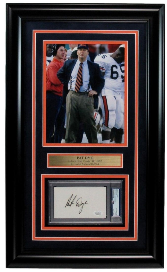 Framed Pat Dye Signed 3x5 Index Card and 8x10 Auburn Collage PSA DNA (1 of 3)