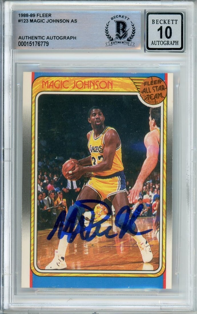 Magic Johnson Hand Signed 1988 Fleer All Star Lakers Card BAS Auto 10: Magic Johnson Hand Signed 1988 Fleer All Star Lakers Card BAS Auto 10 This is an original 1988-89 Fleer All Star Team #123 sports trading card featuring Magic Johnson of the Los Angeles Lakers. The ca