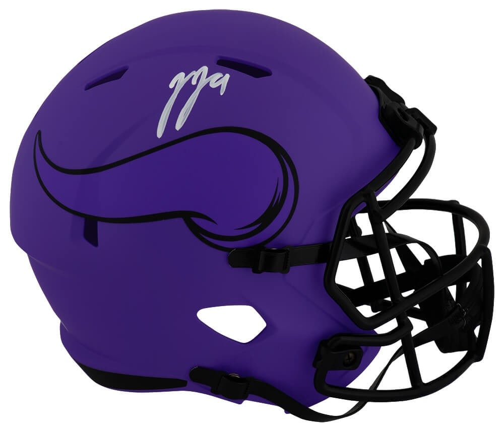 J.J. McCarthy Signed Vikings RAVE Replica Helmet with Beckett COA: J.J. McCarthy Signed Vikings RAVE Replica Helmet with Beckett COA Showcase your support for the Minnesota Vikings with this J.J. McCarthy signed RAVE Riddell full-size replica helmet. This helmet is a