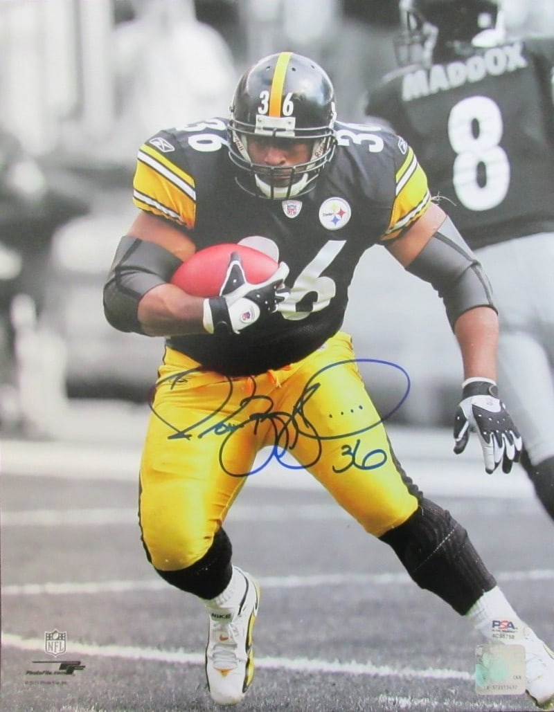 11x14 Photograph Jerome Bettis Signed Pittsburgh Steelers PSA DNA Authenticated: 11x14 Photograph Jerome Bettis Signed Pittsburgh Steelers PSA DNA Authenticated Capture a piece of football history with this original 11x14 autographed photo of Jerome Bettis, a Hall of Fame running 