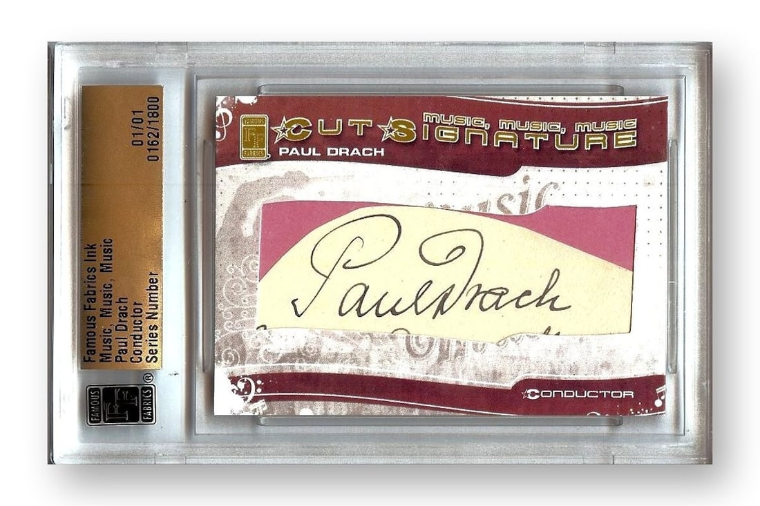 Paul Drach 1/1 Autographed Cut Signature by Famous Fabrics: Paul Drach 1/1 Autographed Cut Signature by Famous Fabrics This unique item features a signed cut signature of Paul Drach, a renowned conductor, from the 2012 Music, Music Music Edition by Famous Fabr