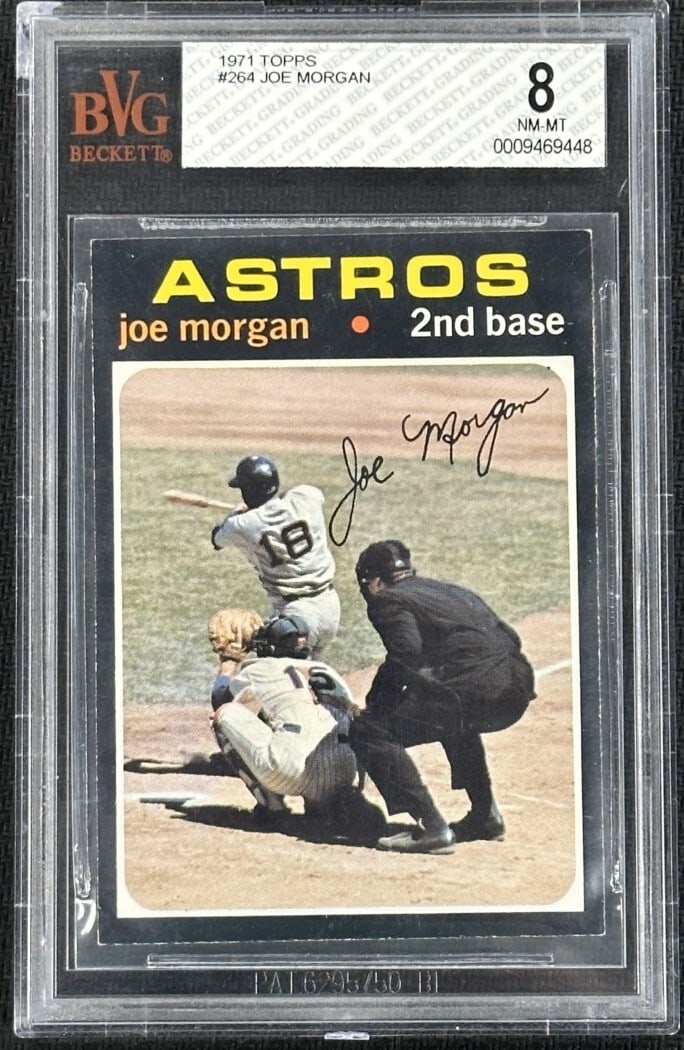 1971 Topps Joe Morgan Astros Baseball Card BVG 8 Grade: 1971 Topps Joe Morgan Astros Baseball Card BVG 8 Grade This is a 1971 Topps baseball card featuring Joe Morgan of the Houston Astros. The card is professionally graded BVG 8 (Near Mint-Mint), reflecti