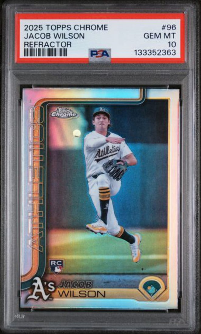 PSA 10 Jacob Wilson 2025 Topps Chrome Refractor Rookie Card #96: PSA 10 Jacob Wilson 2025 Topps Chrome Refractor Rookie Card #96 This is an original 2025 Topps Chrome Jacob Wilson #96 Refractor Rookie RC card, professionally graded PSA 10 Mint by the Professional S