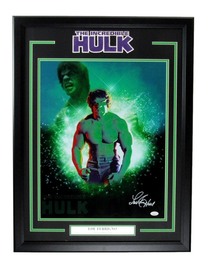 Framed 16x20 Lou Ferrigno Signed Photo JSA Authenticated The Incredible Hulk: Framed 16x20 Lou Ferrigno Signed Photo JSA Authenticated The Incredible Hulk This framed 16x20 photo features Lou Ferrigno as "The Incredible Hulk" and is hand-signed by the star. The autograph is aut