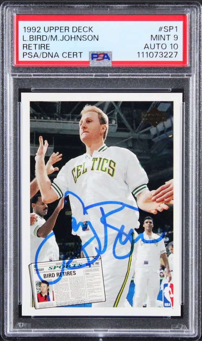 Larry Bird Magic Johnson Signed 1992 UD #SP1 Card PSA Gem Mint 10: Larry Bird Magic Johnson Signed 1992 UD #SP1 Card PSA Gem Mint 10 This 1992 Upper Deck #SP1 basketball card features the iconic signatures of legends Larry Bird and Magic Johnson. Graded Mint 9 with a