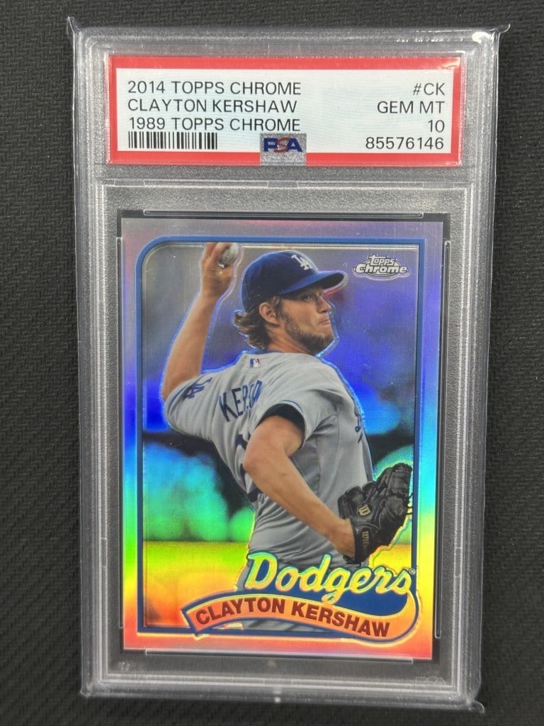 Clayton Kershaw 2014 Topps Chrome PSA 10 Dodgers Card #CK: Clayton Kershaw 2014 Topps Chrome PSA 10 Dodgers Card #CK This is a Clayton Kershaw 2014 Topps Chrome 1989 Throwback Baseball Card, featuring the star pitcher of the Los Angeles Dodgers. Graded by Pro