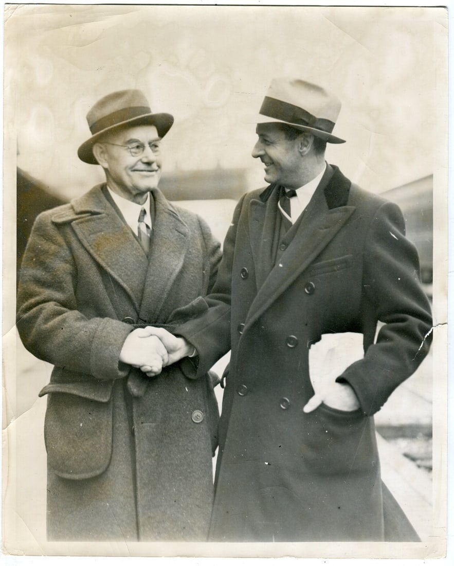 1938 Michigan Wolverines Press Photo Featuring Yost and Crisler 10x8 Football: 1938 Michigan Wolverines Press Photo Featuring Yost and Crisler 10x8 Football This is an original 10x8 wire/press photograph from 1938 featuring Fielding Yost and Fritz Crisler associated with the Mic