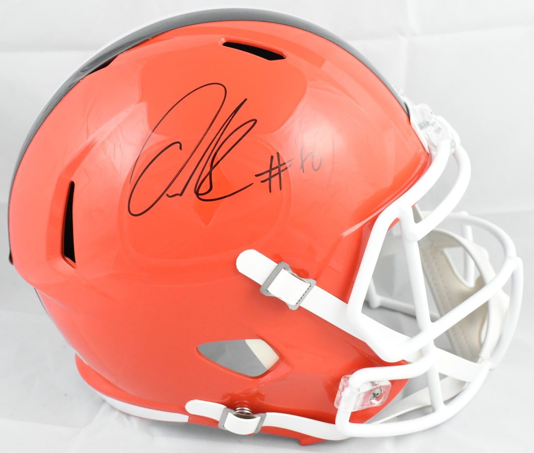Cleveland Browns Full Size Speed Helmet Signed by Quinshon Judkins Beckett Hologram: Cleveland Browns Full Size Speed Helmet Signed by Quinshon Judkins Beckett Hologram This is a pre-owned Cleveland Browns full-size 2024 Speed helmet signed by Quinshon Judkins. The helmet is an origin