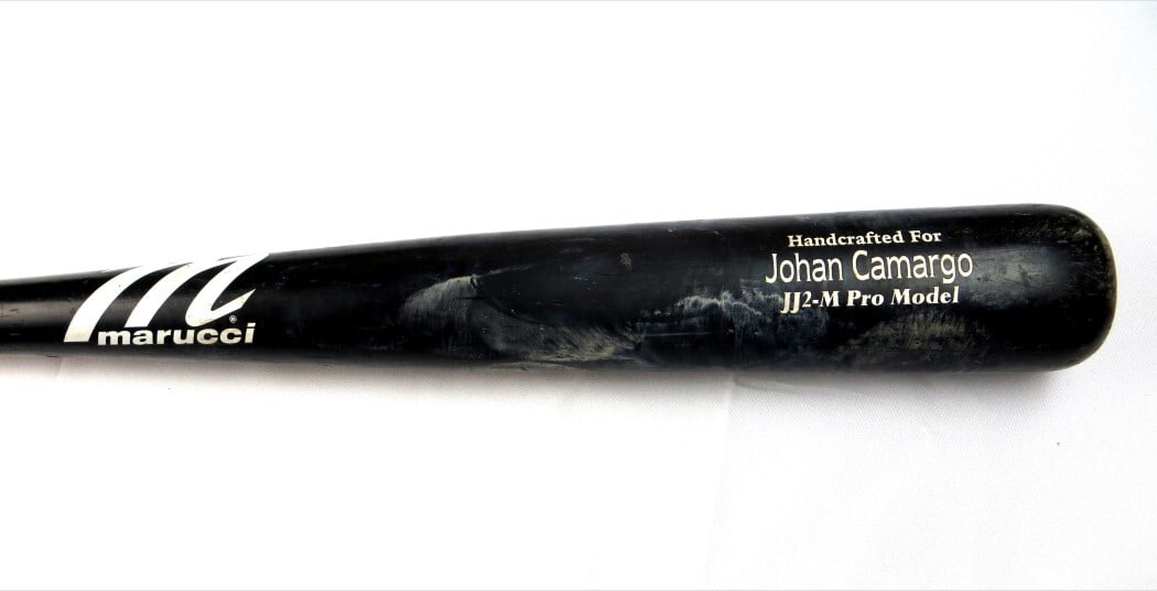 Johan Camargo Game Used Bat Marucci Chicago Cubs: Johan Camargo Game Used Bat Marucci Chicago Cubs This is a game-used bat from Johan Camargo, a player for the Chicago Cubs. The bat was sourced from a team representative, though it does not include a