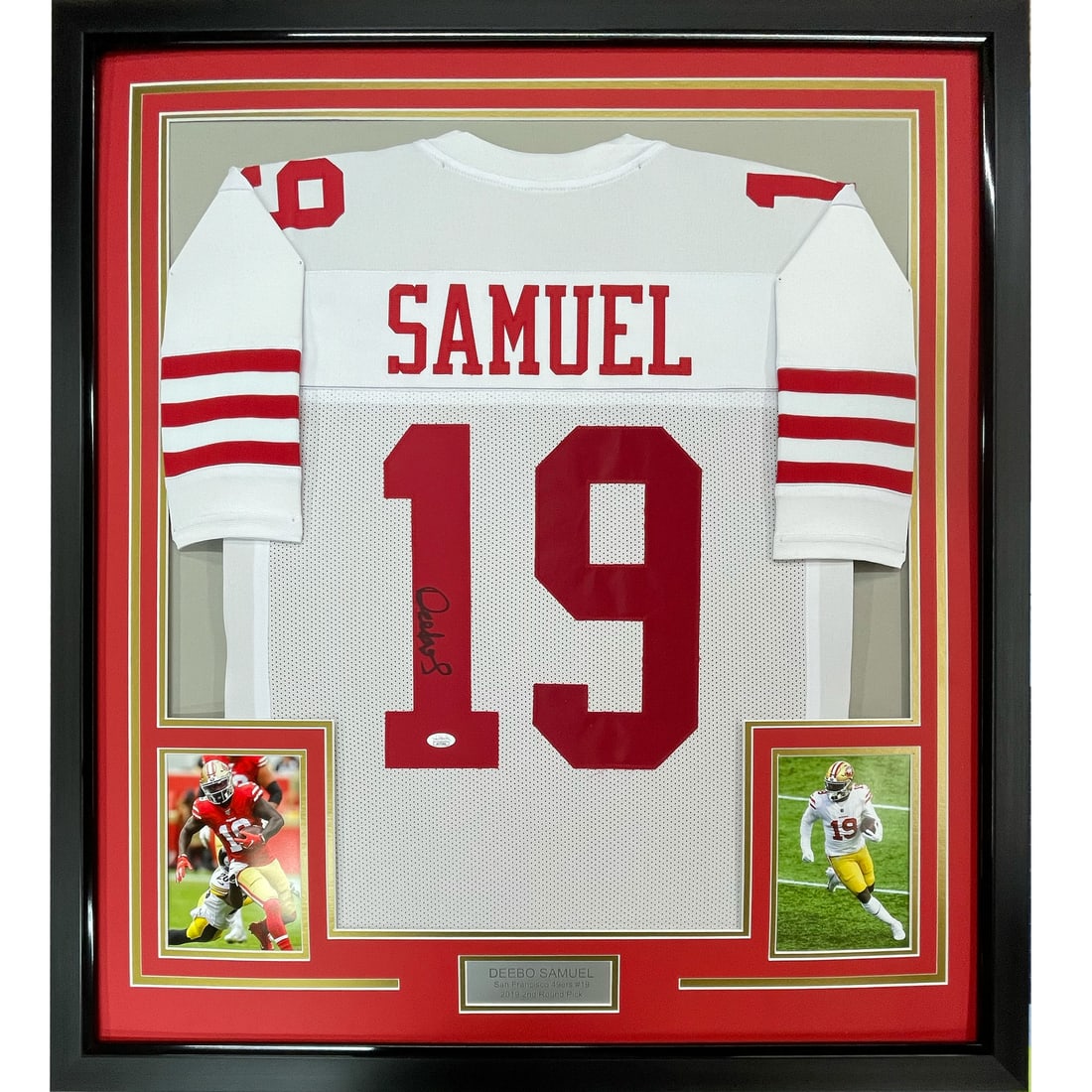 Framed Autographed Deebo Samuel Jersey San Francisco 49ers JSA COA Gem Mint: Framed Autographed Deebo Samuel Jersey San Francisco 49ers JSA COA Gem Mint This professionally framed and autographed jersey showcases Deebo Samuel of the San Francisco 49ers. Measuring 33" x 42", it