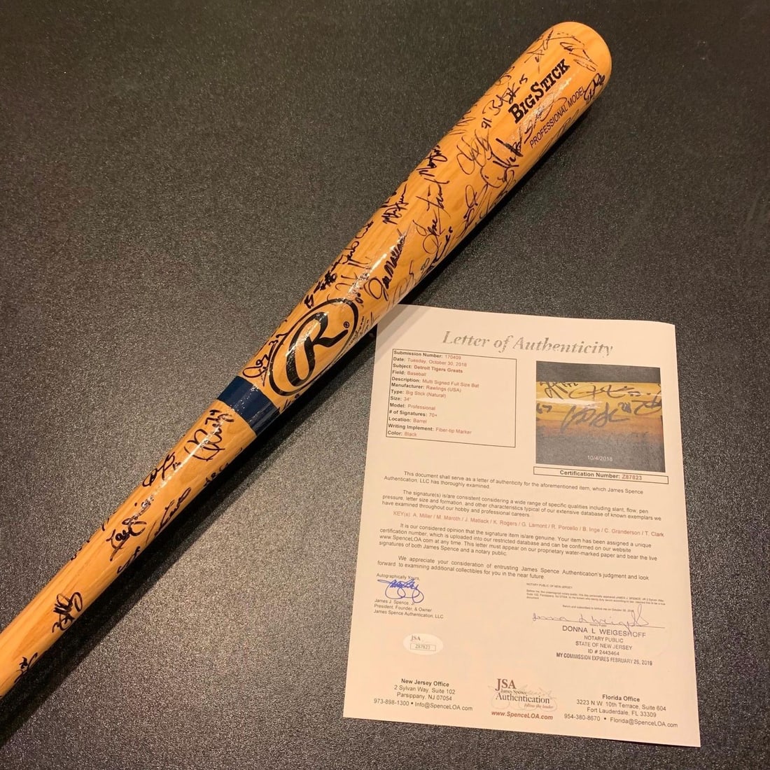 Detroit Tigers Bat with 70+ Signatures JSA Authenticated: Detroit Tigers Bat with 70+ Signatures JSA Authenticated This original baseball bat features over 70 autographs from Detroit Tigers legends. The item comes authenticated by James Spence Authentication