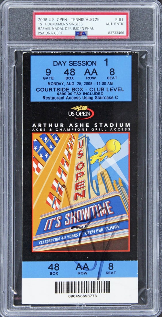 Rafael Nadal Autographed 2008 U.S. Open Ticket Stub PSA/DNA Slabbed: Rafael Nadal Autographed 2008 U.S. Open Ticket Stub PSA/DNA Slabbed This authentic 2008 U.S. Open First Round Full Ticket Stub has been personally signed by tennis superstar Rafael Nadal. It is slabbe