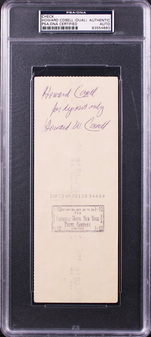Howard Cosell Signed 3x8.25 Check From 1969 PSA DNA Authenticated Slab: Howard Cosell Signed 3x8.25 Check From 1969 PSA DNA Authenticated Slab This is an original check dated September 19, 1969, personally signed by Howard Cosell. The item measures 3 x 8.25 inches and has