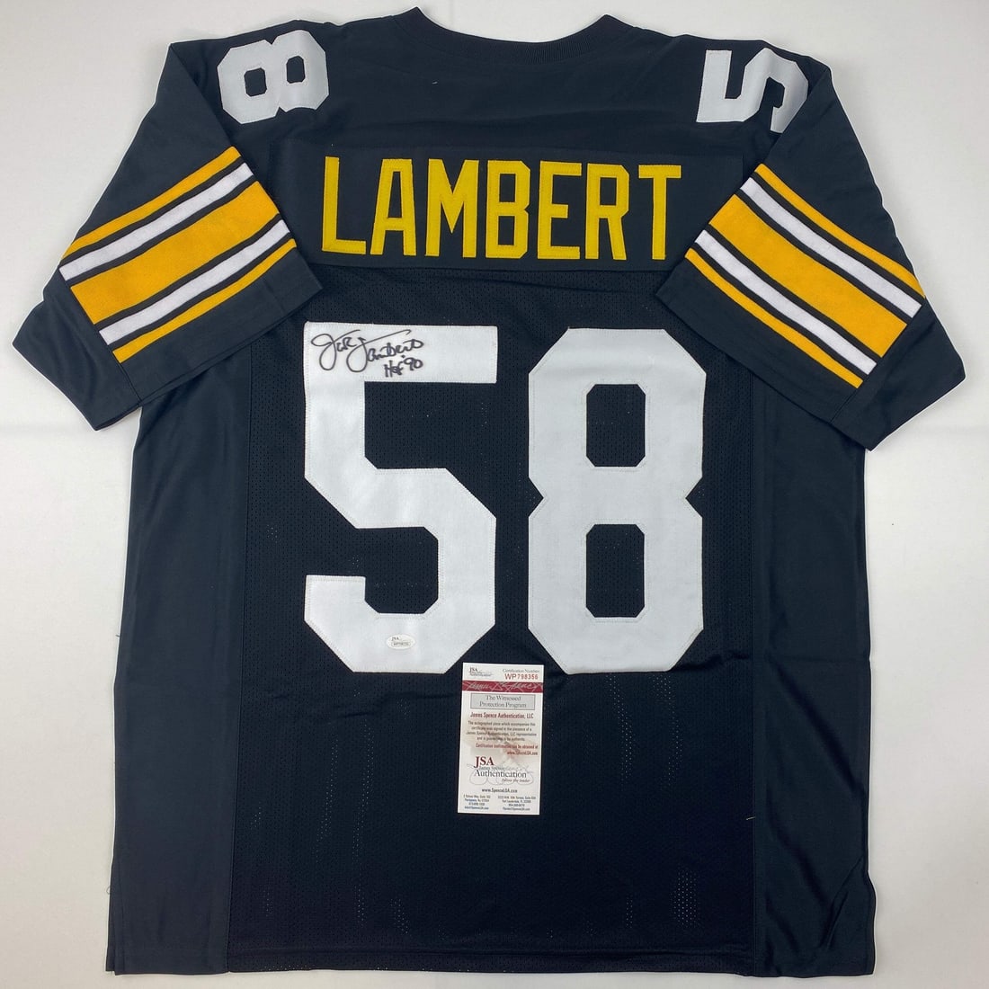 Jack Lambert signed Pittsburgh Steelers custom football jersey JSA COA: Jack Lambert signed Pittsburgh Steelers custom football jersey JSA COA This is a custom black football jersey autographed by Jack Lambert, featuring his Hall of Fame induction year (HOF 90). The jerse