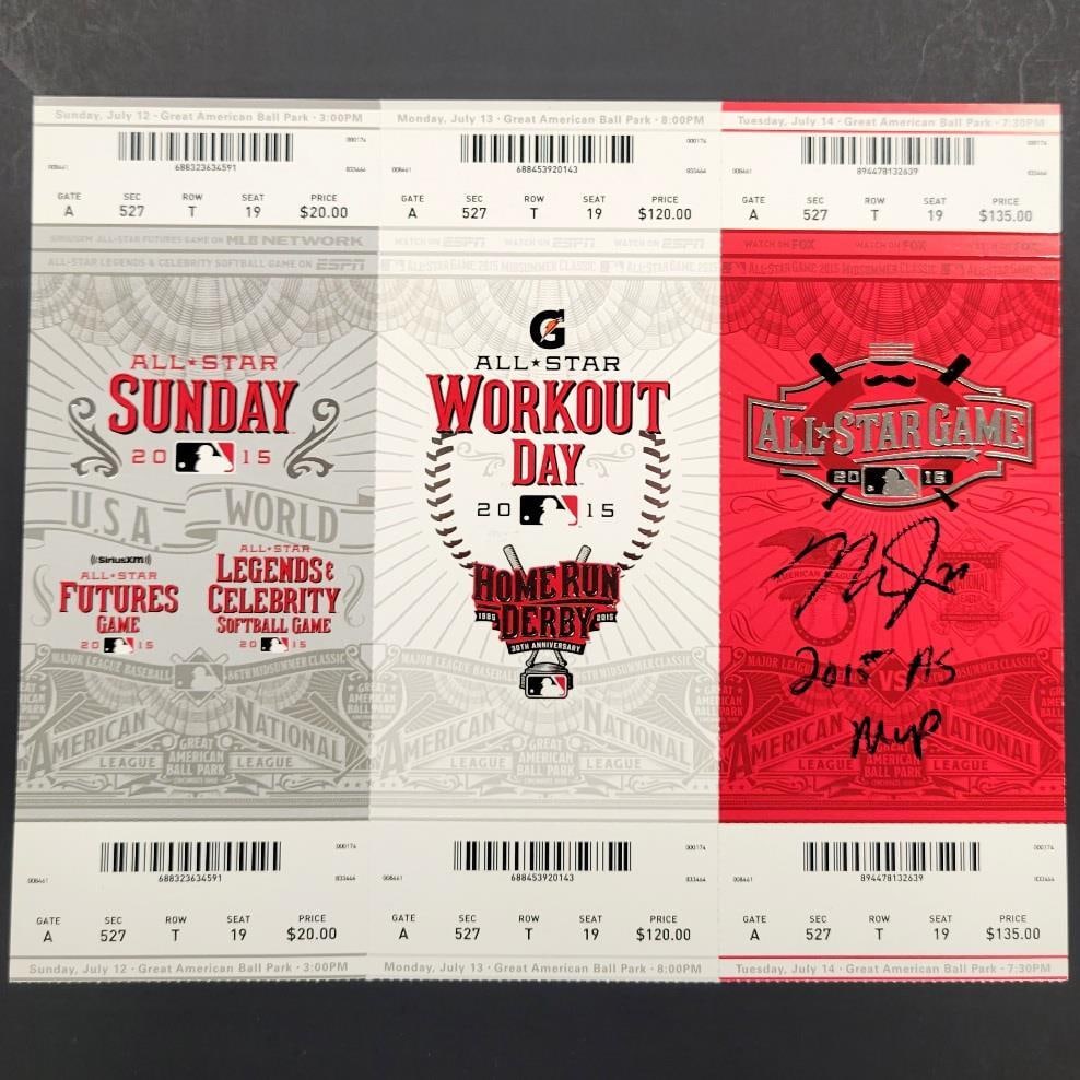 Mike Trout Signed Full Ticket Sheet 2015 AS MVP MLB Authenticated: Mike Trout Signed Full Ticket Sheet 2015 AS MVP MLB Authenticated This is an original signed ticket stub featuring Mike Trout, commemorating his achievement as the 2015 All-Star Game MVP. The autograp