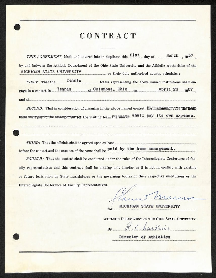 Autographed Contract by Biggie Munn Michigan State Coach JSA Authenticated: Autographed Contract by Biggie Munn Michigan State Coach JSA Authenticated This is an original contract signed by Clarence Lester "Biggie" Munn, the Hall of Fame head coach of Michigan State football.