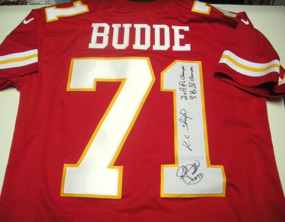 Ed Budde Autographed Nike Kansas City Chiefs Jersey With COA Super Bowl Champions: Ed Budde Autographed Nike Kansas City Chiefs Jersey With COA Super Bowl Champions This official licensed Nike jersey is signed by Ed Budde of the Kansas City Chiefs. The jersey celebrates the team's S