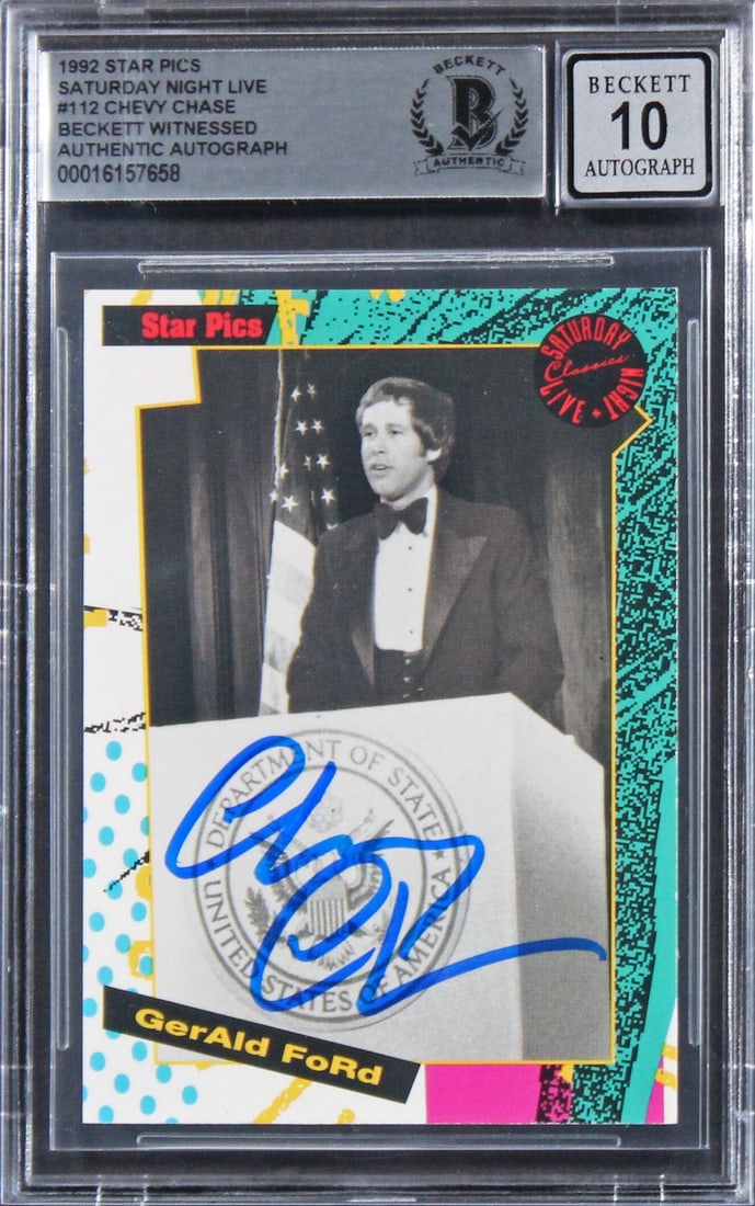 Chevy Chase Signed 1992 Star Pics SNL Card Auto 10 Beckett Authenticated: Chevy Chase Signed 1992 Star Pics SNL Card Auto 10 Beckett Authenticated This authentic 1992 Star Pics Saturday Night Live #112 card features a bold autograph from Chevy Chase, graded Gem Mint 10 by B