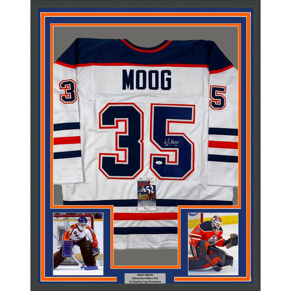 Framed Signed Andy Moog Edmonton Oilers Jersey with JSA COA: Framed Signed Andy Moog Edmonton Oilers Jersey with JSA COA This framed autographed Andy Moog hockey jersey captures the essence of the Edmonton Oilers. It features a high-quality, authentic signature