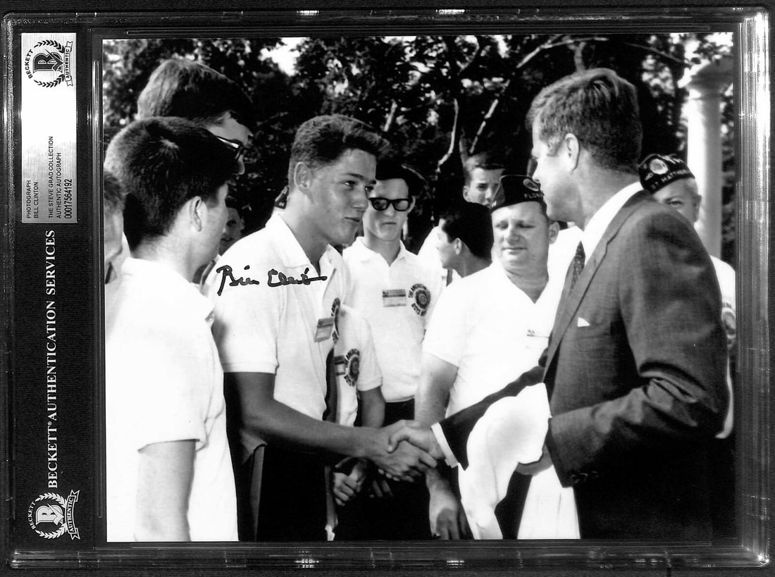 Bill Clinton Signed 8x10 Photograph With John F Kennedy Beckett Authenticated: Bill Clinton Signed 8x10 Photograph With John F Kennedy Beckett Authenticated This is an original 8x10 photograph featuring President Bill Clinton alongside John F. Kennedy, autographed by Bill Clinto