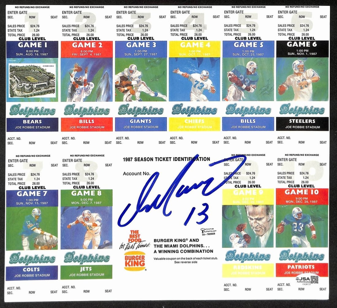 1987 Football Season Ticket Sheet Signed by Dan Marino with JSA Authentication (1 of 2)
