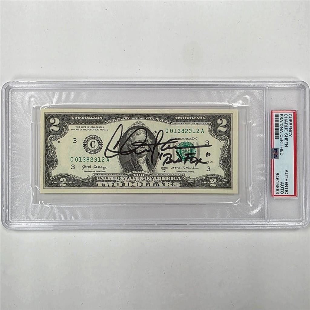 PSA DNA Authenticated Charlie Sheen Autographed Wall Street Two Dollar Bill (1 of 4)