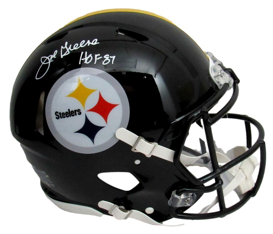 Joe Greene Signed Pittsburgh Steelers Full Size Helmet HOF 87 JSA Authenticated: Joe Greene Signed Pittsburgh Steelers Full Size Helmet HOF 87 JSA Authenticated This is a Full Size Black Speed Authentic Football Helmet signed and inscribed by Joe Greene, a Hall of Famer from the P