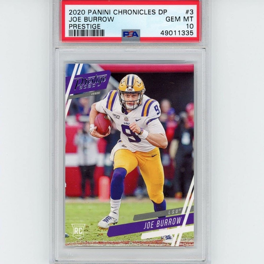 2020 Panini Chronicles DP Joe Burrow #3 Prestige PSA 10 Mint Rookie Card: 2020 Panini Chronicles DP Joe Burrow #3 Prestige PSA 10 Mint Rookie Card This graded 2020 Panini Chronicles Draft Picks Joe Burrow #3 Prestige Rookie Card is a must-have for any football fan. The card