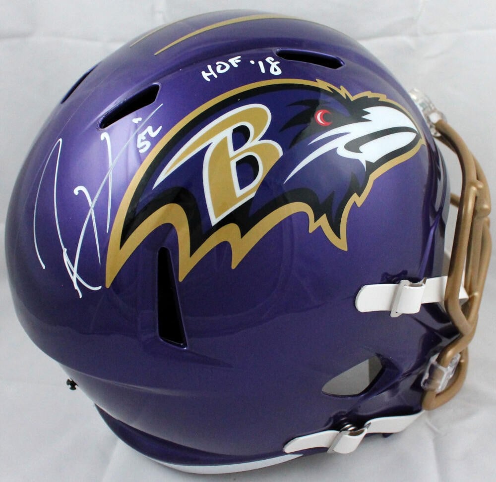 Ray Lewis Autographed Baltimore Ravens Flash Speed Helmet Beckett Holo: Ray Lewis Autographed Baltimore Ravens Flash Speed Helmet Beckett Holo This full-size Flash Speed helmet features the signature of Ray Lewis, a legendary player for the Baltimore Ravens. The helmet is